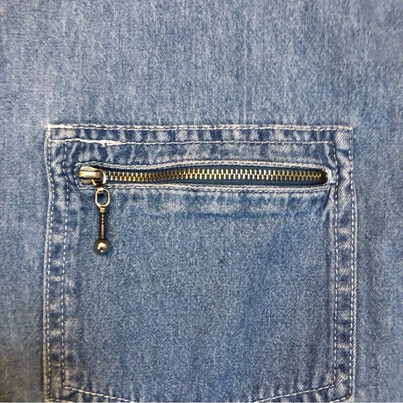 Boho Western Denim Button Up Shirt  Reversable Embroidered Flower Plaid Collar - Picture 7 of 8